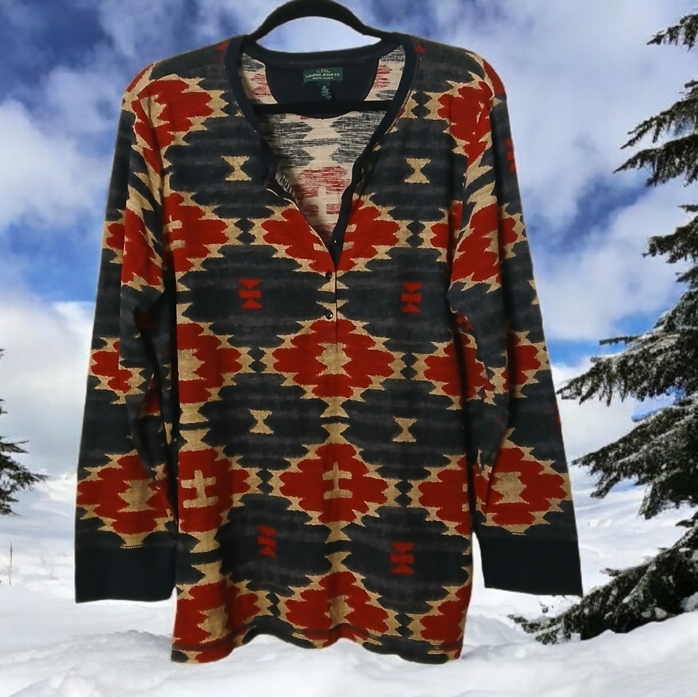 LRL RALPH LAUREN Jeans Co. LS Henley Top Aztec/Southwest Print Cotton Knit Weave